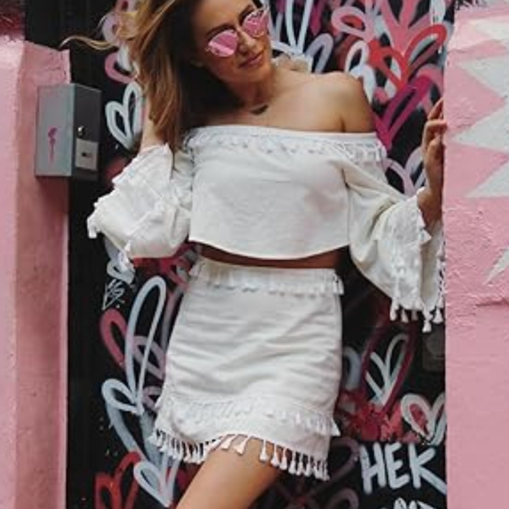 White Off-Shoulder Skirt Set